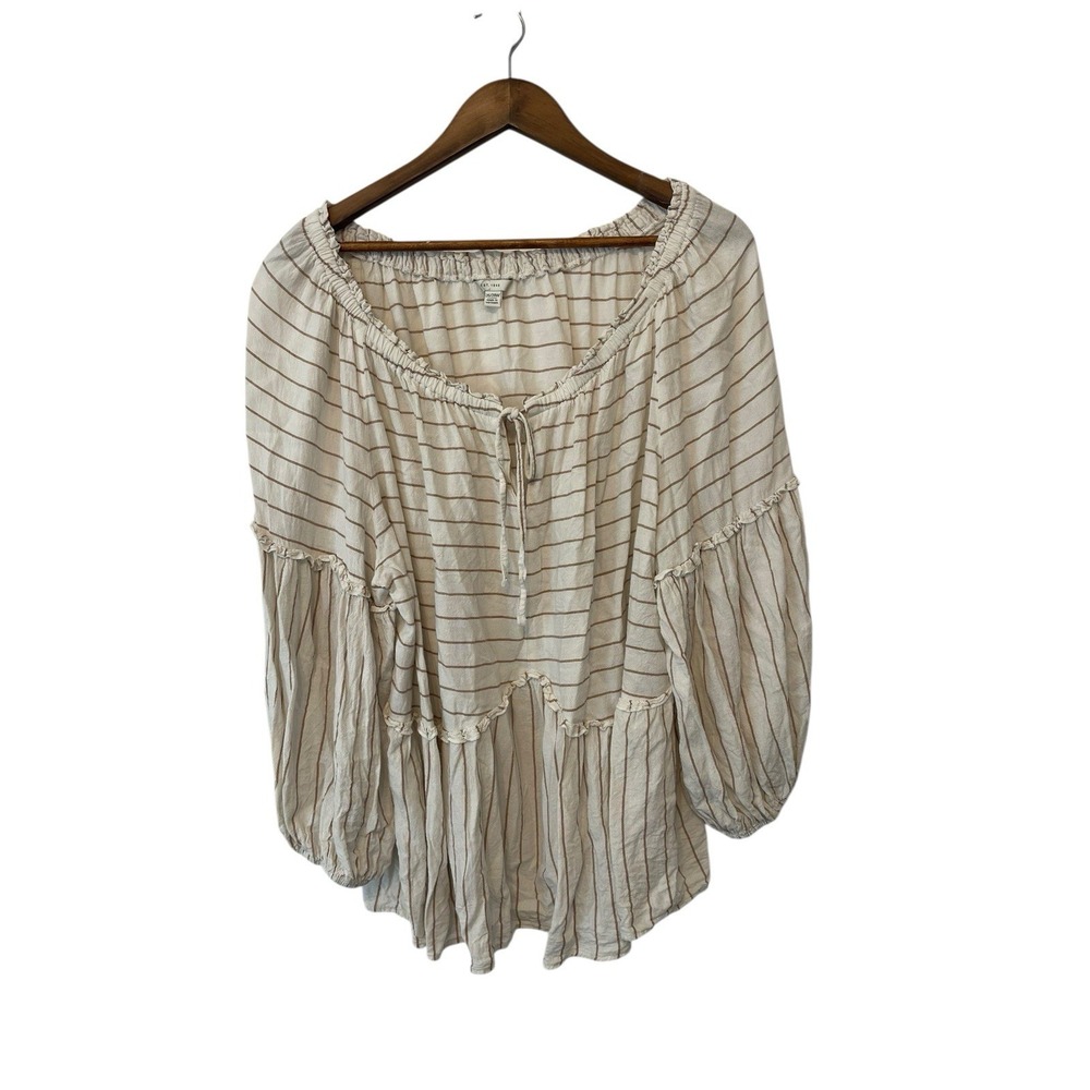 Women's Cato Linen Blend Peasant Boho Striped Top‎ Size 26/28 Lagen Puff Sleeve